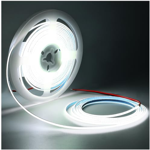 Tesfish LED Streifen Lichts 12V 3mm Breit Ultra Dünn Band COB Weiß 6000K 5 Meter 384 LEDs/M Insgesamt 1920 LEDs Neon Licht Flexibel Lichtleisten Leiste für Party, Theke, Regal, Wohnkultur