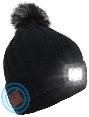 Achort Bluetooth Beanie Cap Torch, LED Light Up Beanie Music Headlamp Hat, Beanie with Headphones and Built-in Stereo Speakers & Mic Warmer Fleece Lined for Camping Running, Unisex Gifts for Men Women