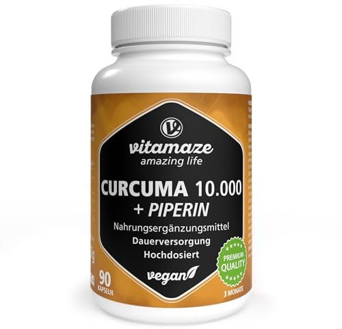 Curcuma Premium 10.000 mg ad Alto Dosaggio al 95%, 1 Capsula al Giorno per 3 Mesi, con Curcumina e Piperina Bioattiva (Bioperine), Curcuma Capsule, Senza Additivi, Prodotto in Germania, Vitamaze