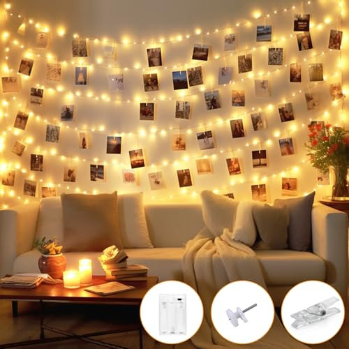btfarm 15M 150 LED Foto Lichterkette Klammern mit Timer, Fotoclips Bilder Aufhängen mit 60 Klammern für Fotos Wand Batteriebetriebene für Zimmer Wohnzimmer Hochzeiten Party Deko