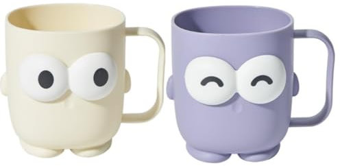 Generisch Zahnputzbecher Kinder, 2 Stück Cartoon Großer Augen, Ohne Bohren, Kunststoff mit Griff, für Heimat, Reisen und Camping (Lila und Weiß)