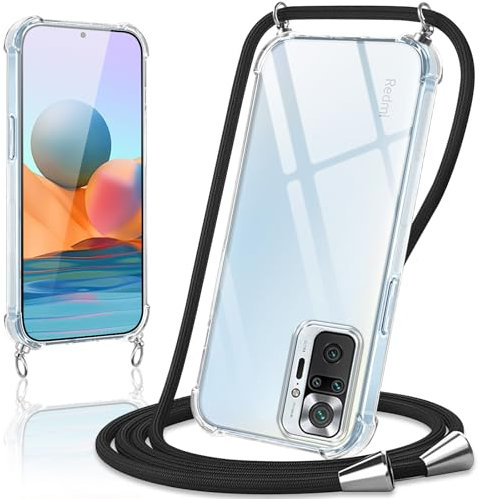Coiwxmoi Handykette Handyhülle für Xiaomi Redmi Note 10 Pro/10 Pro Max Hülle mit Band 6.67,Transparent Case mit Kette Abnehmbar zum Umhängen Kordel Schutzhülle,Weich Silikon Stoßfest Cover,Schwarz