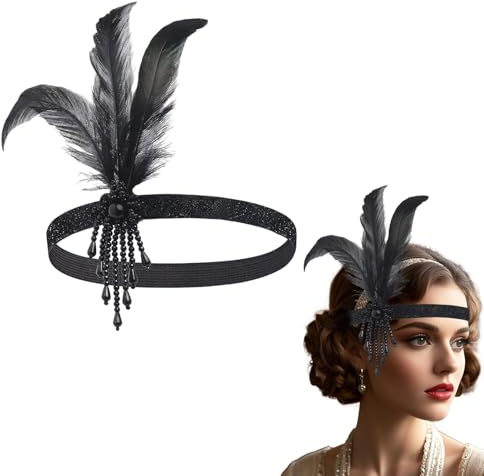 Yphzmtz Bandeau à plumes des années 1920, couvre-chef, diadème à la mode avec strass scintillants pour cheveux pour femmes, filles, bal de promo, costume Gatsby, fête à thème, cocktail (Noir-A, taille