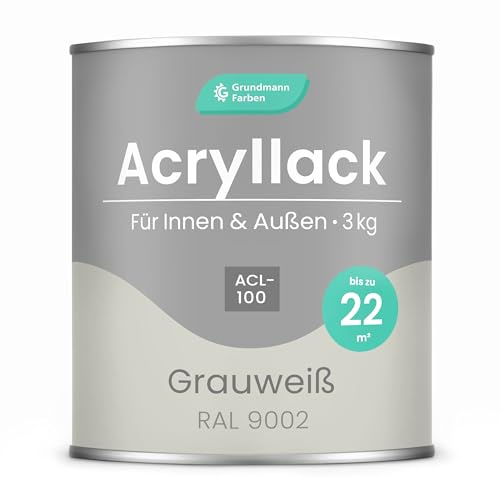 Grundmann Acryllack ACL 100 - Mattweiss 3 Kg - 4in1 Lack inkl. Grundierung - Innen und Außen - Für Holz, Metall, Stein & Kunststoff - Grauweiss RAL 9002