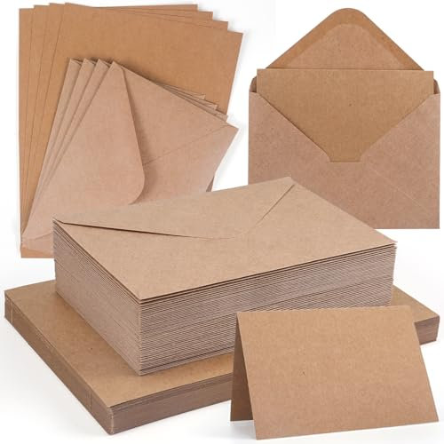moinkerin 50x Klappkarten blanko mit Umschlägen (250g/m² A6) + 50x C6-Briefumschläge | Kraftpapier Umschlag Set für Hochzeitskarten, DIY Einladungen, Geburtstag & Weihnachtsgrüß （ Braun）