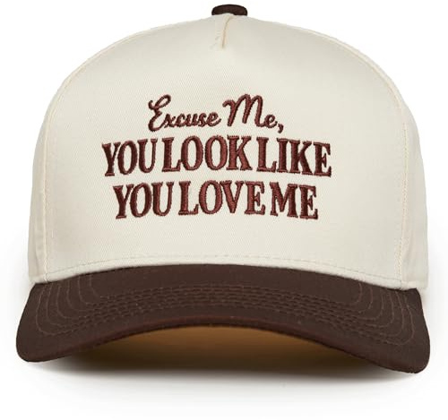 Funky Junque 2-farbige Vintage-Snapback-Hut aus Segeltuch für Damen und Herren, trendige Kappe, verstellbar, Excuse Me, You Look Like You Love Me, Braun/Beige, Einheitsgröße