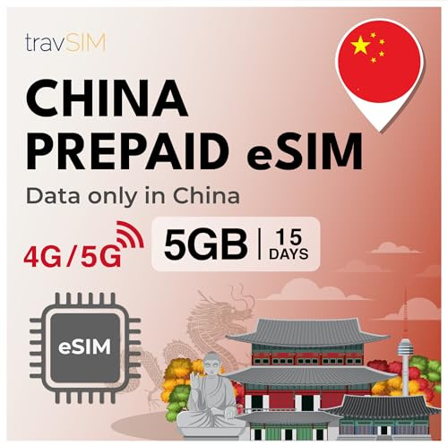travSIM China eSIM| 15 Tage - 5GB Mobile Daten | 4G/5G Geschwindigkeiten für China und Macau – Voller Zugang zu Google, Facebook, Whatsapp & Mehr | eSIM China Funktioniert auf iOS und Android