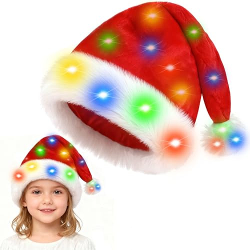 Hifot LED Weihnachtsmütze Erwachsene,Nikolausmütze Plüsche Weihnachtsmann Mütze mit Licht Rote Santa Mütze für Weihnachtsfeier - Batterie Nicht Inbegriffen