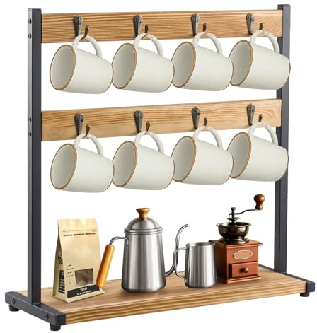 2-Tier Mug Tree with Storage Base 16-Hook Countertop Cup Holder Organizer Mug Display Organizer for Coffee Tea Mugs (Original Wood Without SES)