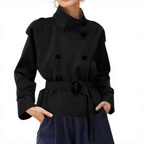 FUPODD Kurzmantel Damen Winter Leicht Trenchcoat Damen Kurz Übergang Mantel Zweireihig Mit Gürtel Trench Coat Stehkragen Windjacke Elegant Übergangsjacke Einfarbig Herbstjacke Casual Jacke Knöpfen