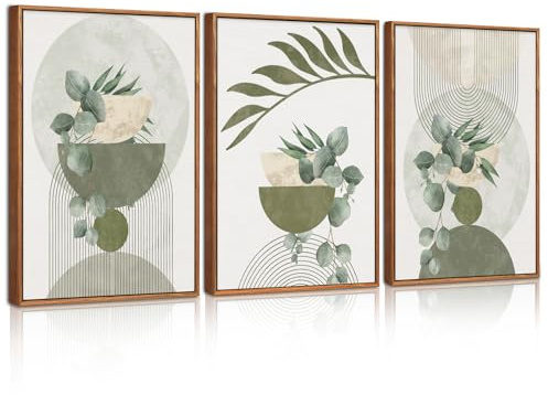 ANHUIB Sage Green Plant Canvas Wall Art Set of 3 Abstract Geometric Line Botanical Framed Prints Beige Minimalist Boho Leaf Paintings Mid Century Modern Artwork for Living Room Bedroom Office 30×40cm