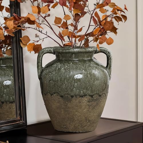 Hometopia Vintage Vase Groß aus Keramik, Zweifarbige Amphore in Moosgrün & Naturstein-Optik, Rustikale Dekovase für Herbstzweige & Trockenblumen, 29cm Höhe