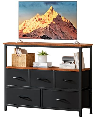 Uptyia Mueble TV Alto con 5 Cajones, Soporte TV 45,Negro | Mueble Televisión Compacto para Salón, Dormitorio o Espacios Pequeños con Estantes Abiertos y Almacenamiento