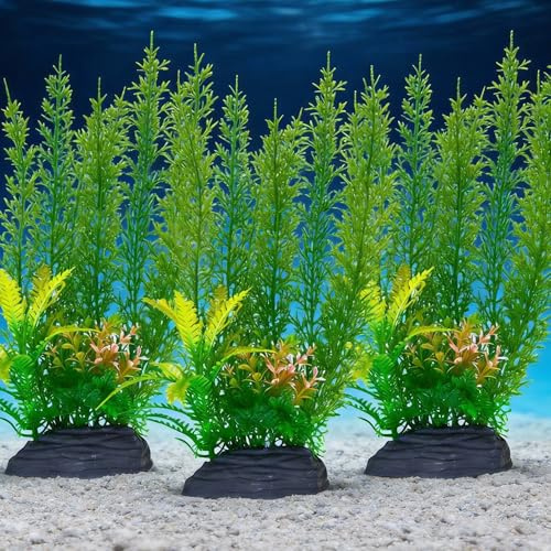 KEUGT Fish Tank Plants,3 pcs Large Aquarium Aquatic Decor | Green Lifelike Plants Artificial Aquarium Decorations,Betta Turtle Fish Tank Plant Hides Accessories for Household