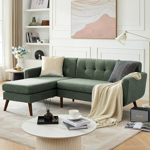 Kingfun 203cm Ecksofa Grün mit Knopfheftung & Holzfüßen, 3 Sitzer L Form Eckcouch Leinenoptik mit Waschbare Bezüge für Wohnzimmer & Schlafzimmer, L Form Big Sofa mit Chaiselongue für Büro & Apartment