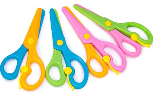 LOVESTOWN Toddler Safety Scissors, 4 PCS Blunt Tip Scissor Preschool Training Art Supplies for Kids, Anti-Pinch Design, Child Hand Eye Coordination Development, Playdough Tools Crafts Essentials