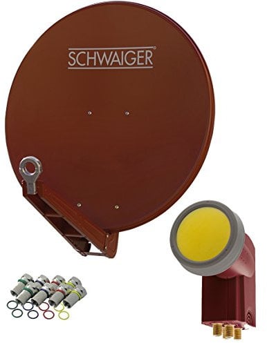 SCHWAIGER SAT-Anlage Aluminium Satelliten-Set Satellitenschüssel Quad LNB digital 8X F-Stecker 7mm SAT-Antenne Komplettset 75 x 80 cm (Ziegelrot (RAL8012))