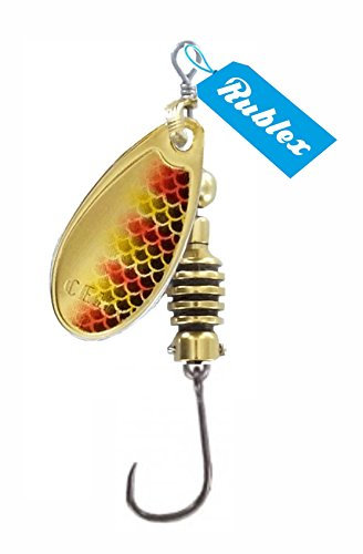 Rublex - Pack de 5 Cucharillas de Pesca Celta-2 BTG | Cebo Artificial de Pesca con Anzuelo Simple sin Muerte Fácilmente Intercambiable con Sistema Quita-Vueltas, Color BTG Oro Rojo Amarillo, 3'5gr