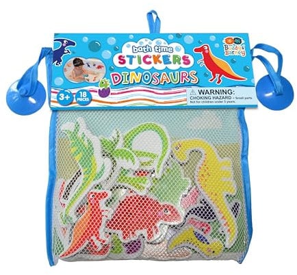 Buddy & Barney Dinosaur Foam Bath Stickers - Baby Foam Bath Toys | Bath Stickers for Kids | Pack of 18 Reusable Bath Stickers with Suction Cup & Mesh Storage Bag