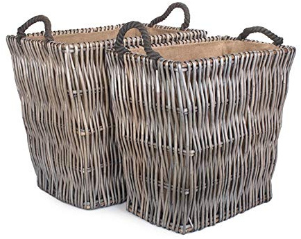 Red Hamper Set of 2 Rectangular Grey Log Wicker Basket, Brown, H50 x W56 x D37cm