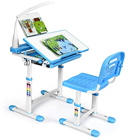 GOPLUS Kinderschreibtisch Set mit Bücherständer & LED-Licht, höhenverstellbarer Schülerschreibtisch mit neigbarer Tischplatte & Schublade, Jugendschreibtisch Kindertisch und Stuhl Set (Blau)
