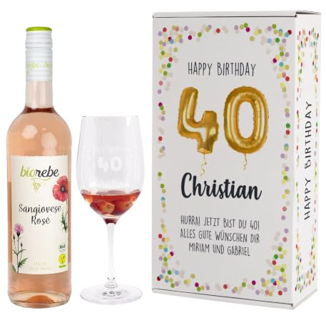 Herz & Heim® Geburtstagsset mit Biorebe Bio-Wein und graviertem Leonardo Weinglas in Geschenkverpackung Rosé, 40. Geburtstag