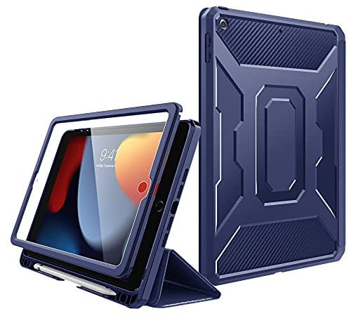 MoKo Hülle Kompatibel mit Neu iPad 9. Gen. 2021 / iPad 8. Gen 2020 / iPad 7. Generation, iPad 10,2 Schutzhülle mit Eingebaut Displayschutz Dreifach Tablethülle Auto Sleep/Wake Stifthalter, Blau