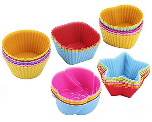 Kaxich Silicone Cupcake Moulds 30pcs Reusable Nonstick Baking Cups Muffin Case Baking Liners, 5 Shapes