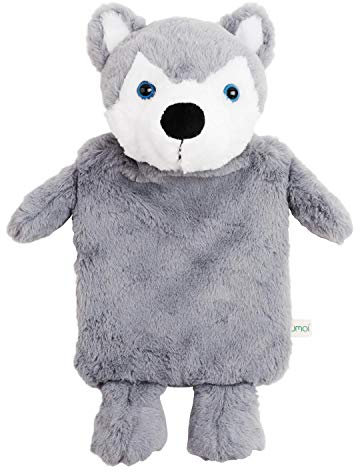 Premium Kinder Wärmflasche 1 Liter mit schönem weichem Kunstpelz Bezug, Bettflasche aus Naturgummi, Wärmekissen, verschiedene Modelle- - neues Modell (Husky)