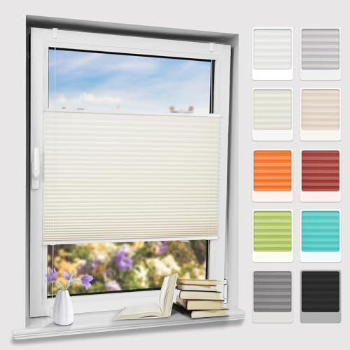 Bernice Plissee klemmfix ohne Bohren, Beige 35x80cm(BxH) Easyfix Faltrollo mit Klemmträger, Crushed Optik Fensterrollo, Blendschutz Plisseerollo für Fenster & Tür