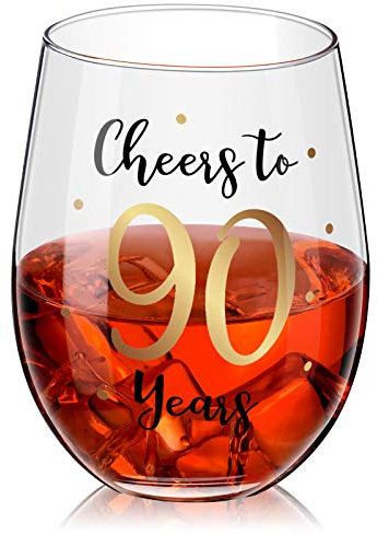 Patelai Stemless Birthday Wine Glass, Gold Birthday Wine Glass for Men Women Wedding Birthday Party Decorations, 17oz Stemless (Cheers to 90 Years)