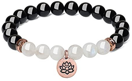 COAI Bracelet Tourmaline Noire Femme, Pierre de Lune, Breloque Or Rose, Fleur de Lotus