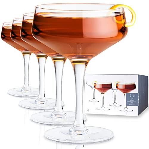 Viski Raye Angled Lead-Free Crystal, Stemmed Cocktail Glass Gift Set, 7oz (207ml), Coupe-Set of 4