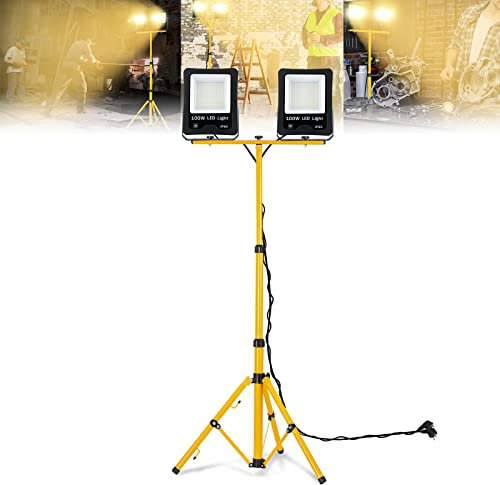 ACXIN 2 Stück LED Fluter Flutlicht, Außen Flutlicht, LED Baustrahler Arbeitsleuchte, Scheinwerfer, Außenstrahler+ Gelb Stativ, IP66 wasserdicht, 100W, Warmweiß