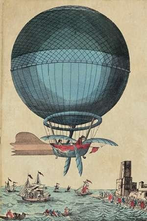 Kunstdruck auf Holz, Kreuz den englischen Kanal in einem Ballon, Anonymous, vertikales Museo-Bild, Vintage-Kunstdruck, 58 x 38 cm