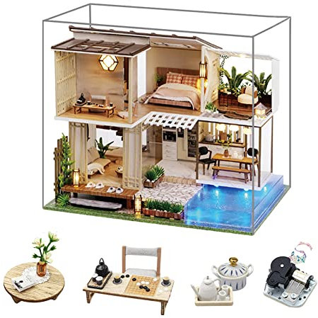 erhumama New Chinese Style Duplex Villa Music Dollhouse With Dust Cover Furniture Kits DIY Miniature Dolls House Accessories Girls Boy Birthday Christmas Craft Gift