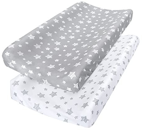 Juego de 2 fundas de cambiador para niños y niñas, diseño encantador y suave, unisex, para cambiar pañales de 32 pulgadas, 34 x 16 pulgadas, cómodas y acogedoras, paquete de 2 sábanas de cuna, gris y