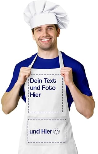 BLAK TEE — Schürze Personalisiert mit Ihrem Foto und Text Wunschmotiv — Kochschürze Selbst Gestalten — Personalisierte Geschenke für Männer und Damen — Verstellbarer Kragen und Vordertasche — Weiß