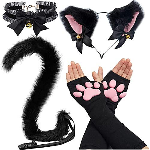 SIROLISA Muffole in silicone 3D con orecchie di gatto, simpatici zampe di gatto, dita dei piedi, fagioli, calze alte per donne, ragazze, Halloween, Natale, cosplay, colore nero, Taglia unica
