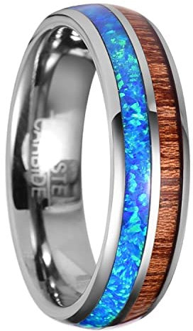 Vakki Silber Partnerring Wolfram 6mm Ring Herren Damen mit Opal Koa Holz Paarring Geeignet für Verlobung Heirat Größe 53(16.9)