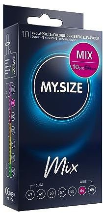 MY.SIZE Mix Premium Kondome Größe 6, 64 mm – 10 Stück | 4 Varianten: Classic, Genoppt, Blau & Rot |