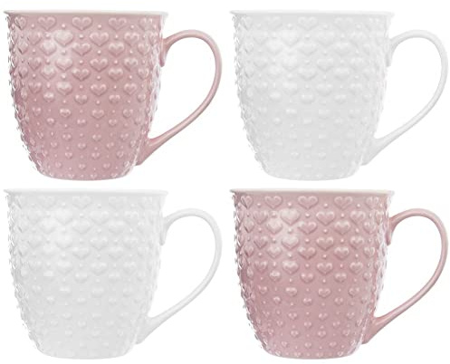 orion group Lot de 4 tasses en céramique avec anse | Rose et blanc, Motif cœur, 4 x 580 ml