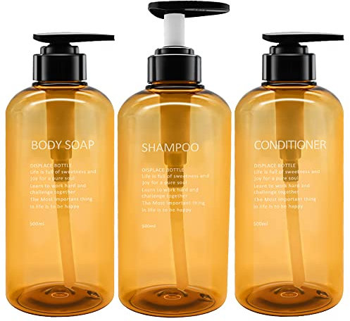 3 Pack Refillable Shampoo and Conditioner Bottles, 500ml Plastic Empty Shampoo Conditioner Dispenser for shower, Shampoo Bottle Pump Dispenser for Bathroom or Hotel Amber