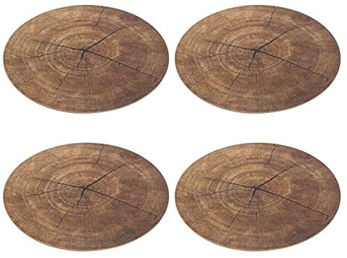 Set Of 4 Tree Trunk Print Round Placemat | 38cm Tree Slice Style Place Mat Kitchen Dining Mat | Brown Single Corked Backed Place Mat Dining Table Protection Mat
