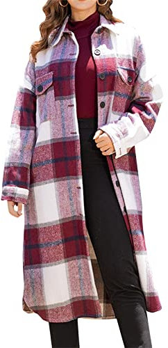 Yming Frauen Casual Lange Flanell Plaid Jacke Shacket Side Schlitz Revers Knopf Shirt Jacke Trench Mantel Weinrot 2XL