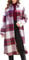 Yming Frauen Casual Lange Flanell Plaid Jacke Shacket Side Schlitz Revers Knopf Shirt Jacke Trench Mantel Weinrot 2XL