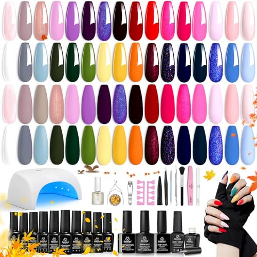 Beetles Gel Nail Polish Kit with UV Light - 53 Pc Starter Set, 32 Colors, Pink & Blue Glitter, Base & Top Coat, Cuticle Oil, Builder & Blooming Gel Art Manicure Kit for Women - New Year's Gift