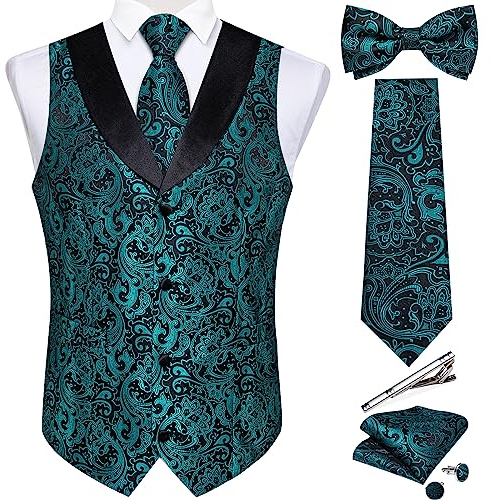 DiBanGu Einfarbig Anzug Weste für Männer Satin Weste Set mit Krawatte Fliege Krawattenklammer Einstecktuch Manschettenknöpfe 6 Stück Weste, Schwarz-Blaugrün, XXX-Large