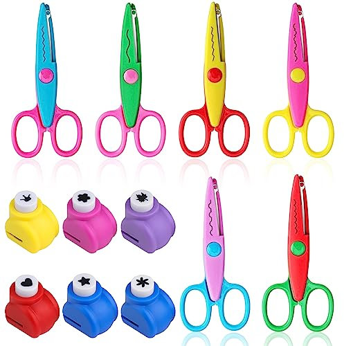 NTGRTY 12er-Set Kinderschere und Bastelschere - 6 Stk Sicherheitsschere, 6 Stk Papierstanzer Motivstanzer Ausstanzer Set für DIY Scrapbook Fotoalbum Handwerk