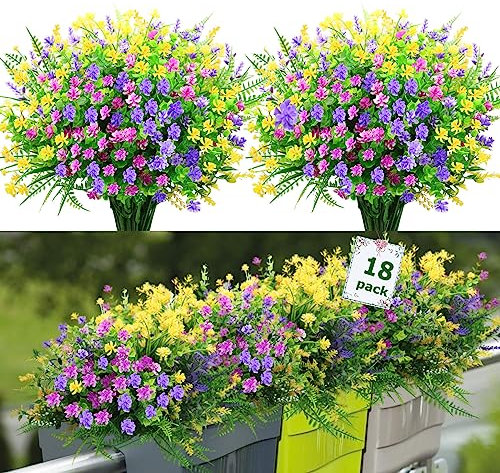 18 Bundles Artificial Flowers for Outdoor UV Resistant No Fade Boxwood Faux Plastic Shrubs Greenery Plants Fake Flowers for Balcony Planters Garden Patio Porch Window Box Home Indoor Farmhouse Décor